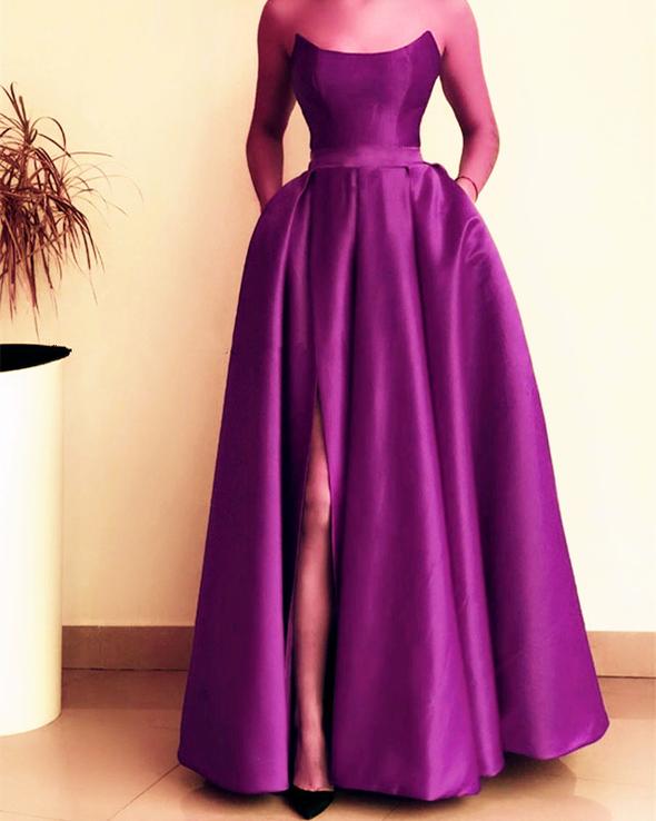 Long Strapless Prom Dresses Satin With Pockets    cg22507