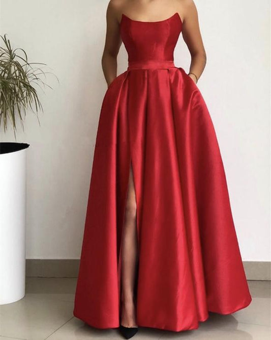 Long Strapless Prom Dresses Satin With Pockets    cg22507