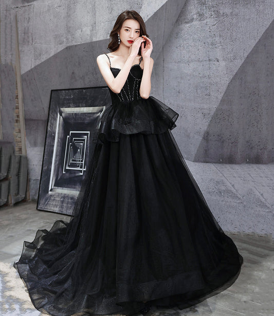 BLACK TULLE LONG BALL GOWN DRESS BLACK EVENING DRESS    cg22508