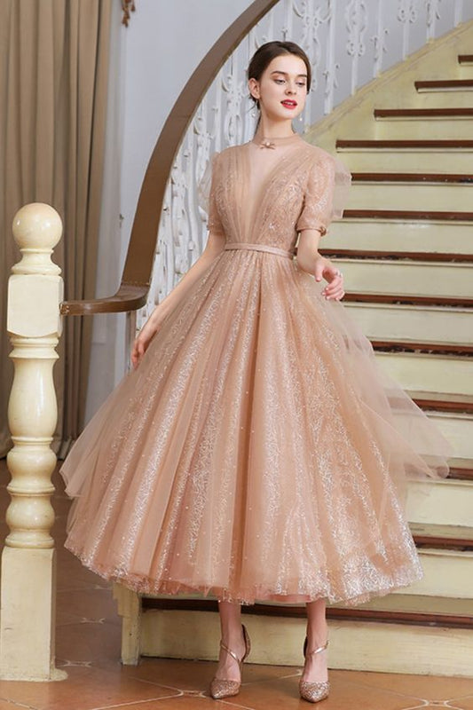 Champagne Party Dress prom party dress features with short sleeves     cg22511