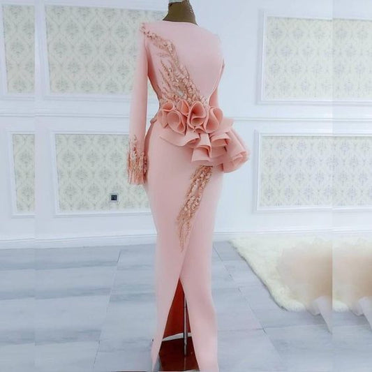 Blush Pink Aso Ebi Evening Dresses Long Sleeves Peplum Beads Appliques Pearls Side Split Mermaid Prom Dress    cg22514