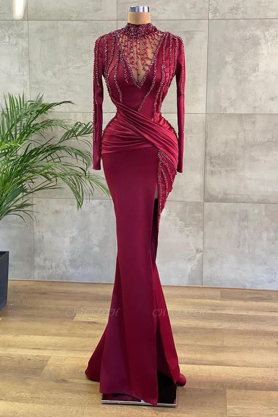 Luxury Evening Dresses Long Wine Red Prom Dresses With Sleeves    cg22516