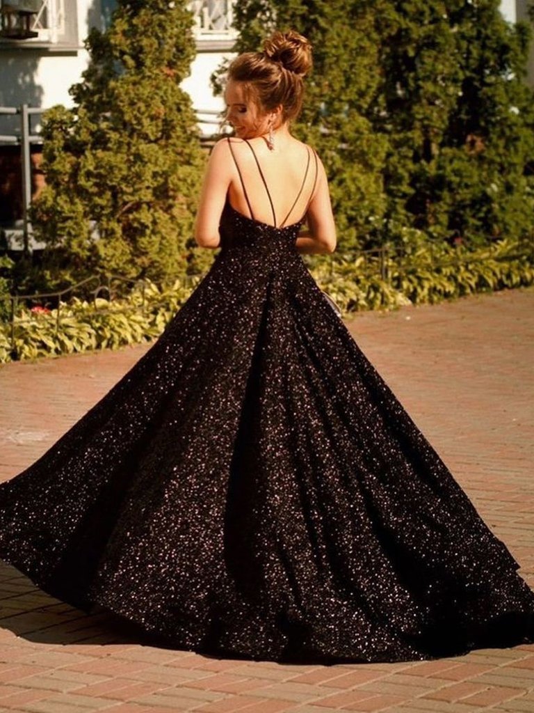 Shiny V Neck Backless Black Long Prom Dresses, Open Back Black Formal Evening Dresses, Sparkly Black Ball Gown       cg22562