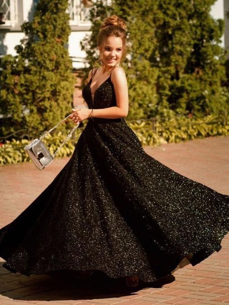 Shiny V Neck Backless Black Long Prom Dresses, Open Back Black Formal Evening Dresses, Sparkly Black Ball Gown       cg22562