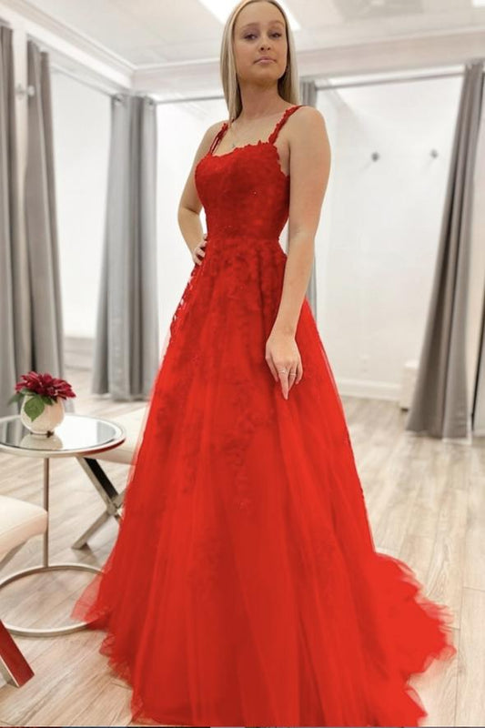 Red tulle lace long A line prom dress evening dress     cg22569