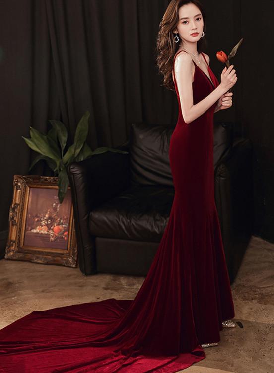 Charming V-Neckline Mermaid Velvet Evening Gown Wedding Party Dress, Dark Red Long Prom Dress     cg22572