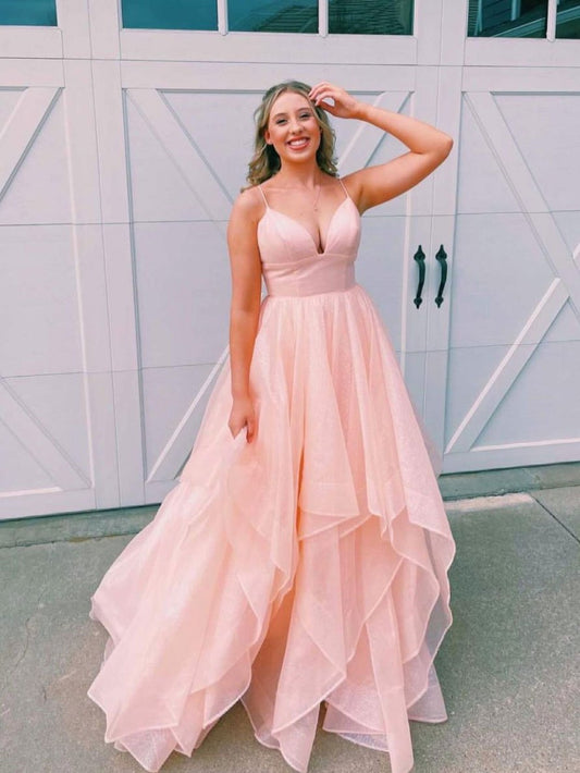 Simple v neck tulle long prom dress pink tulle formal dress     cg22575