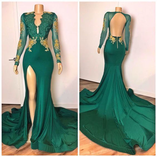 Green Long Sleeves V Neck Lace Mermaid Prom Dress    cg22580