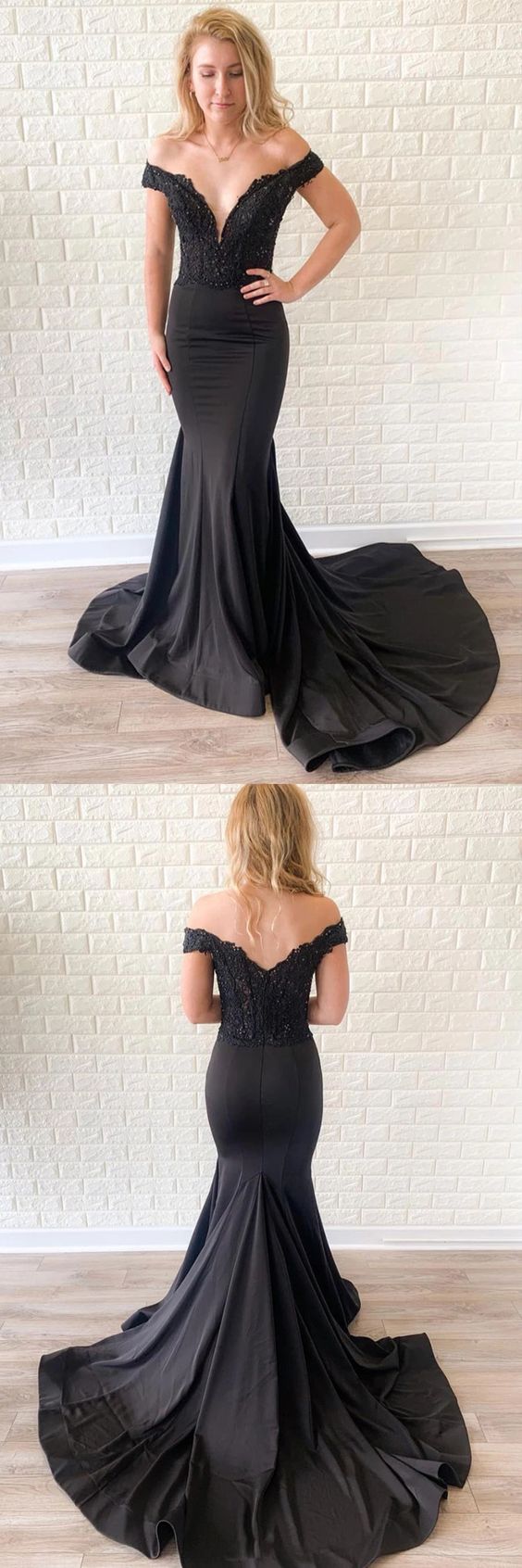 Off the Shoulder Mermaid Lace Black Long Prom Dress with Train     cg22585