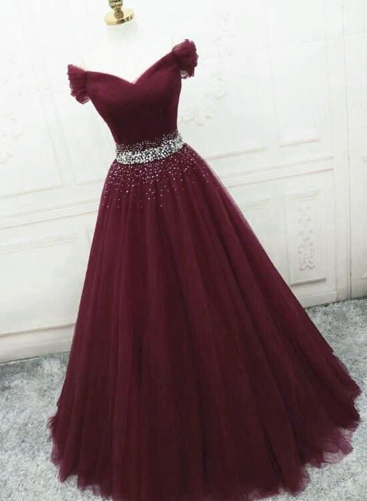 Charming Burgundy Sweetheart Sequins Tulle Formal Dress, Wine Red Prom Dress Party Dress      cg22596