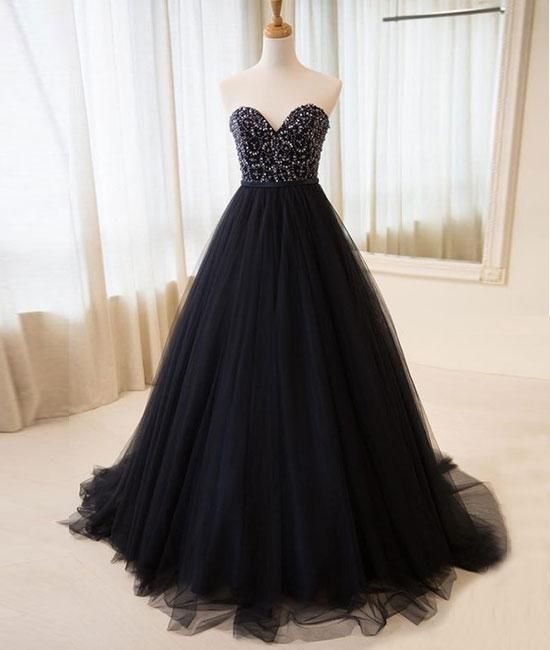 Black tulle sweetheart neck long prom dress, black evening dress      cg22597