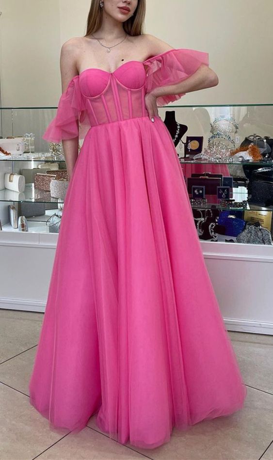 Pink Corset Prom Dresses Tulle Off The Shoulder Formal Gown For School Dancing    cg22604