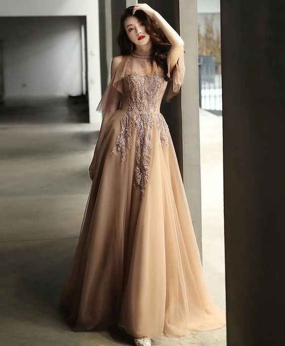 Champagne high neck tulle lace long prom dress formal dress      cg22619