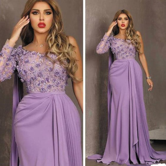 Purple Prom Dresses Robe De Soiree One Shoulder Lace Applique      cg22620