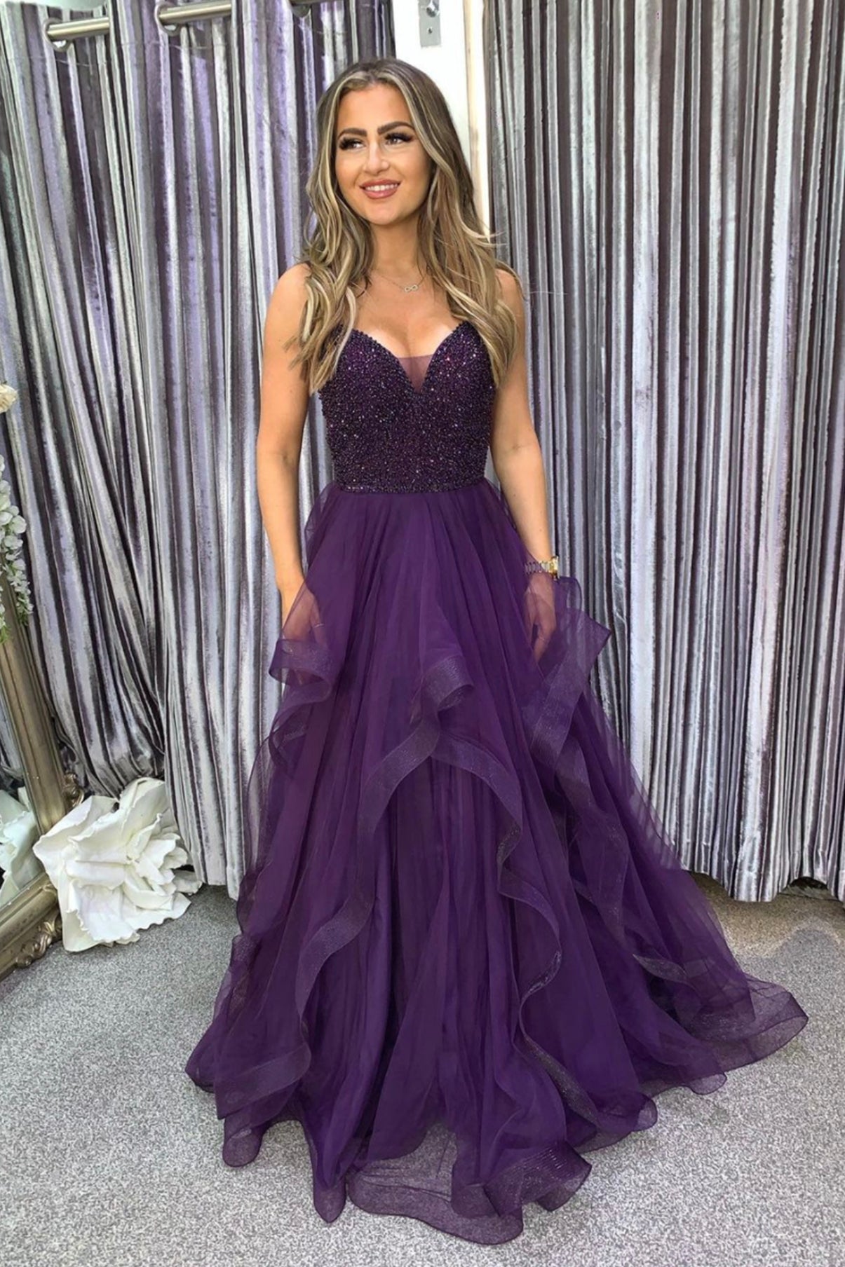 PURPLE TULLE LONG A LINE PROM DRESS WITH BEADS      cg22643