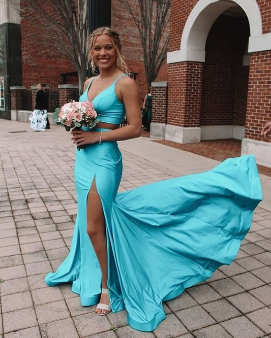 Two Piece Prom Dresses Long Satin Evening Dresses with Side Slit     cg22672