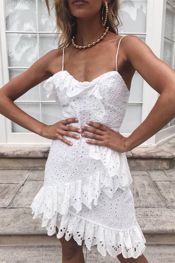 Sheath Spaghetti Straps Short White Lace Homecoming Dress with Ruffles       cg22673