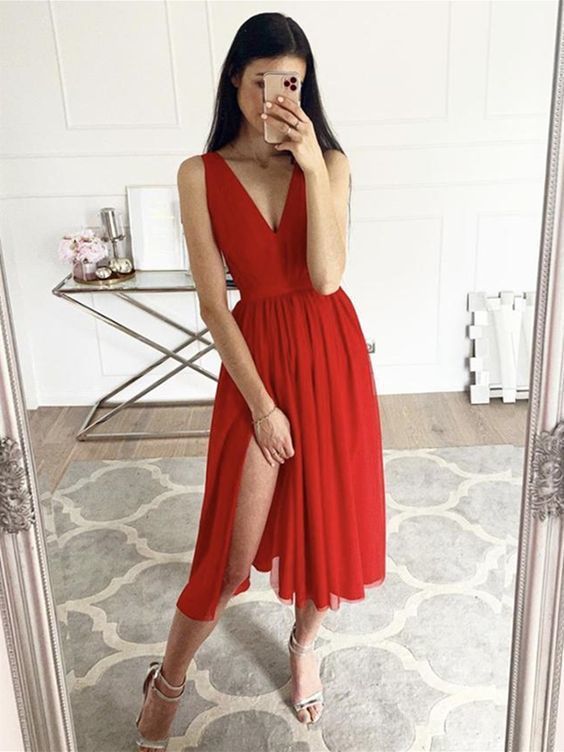 A Line V Neck Red Chiffon Tea Length Prom Dresses with Slit     cg22681