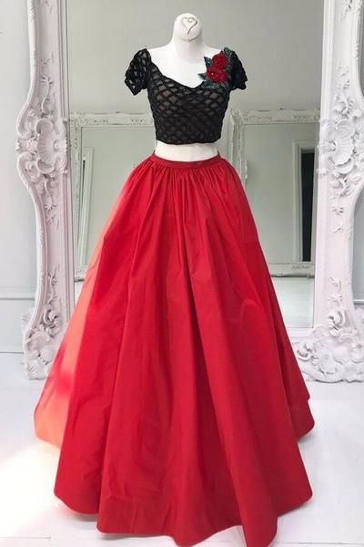 Red Tulle Two Pieces Sequins A-line Long Evening Dresses,prom Dress, Long Prom Dresses ,Custom Made         cg22692