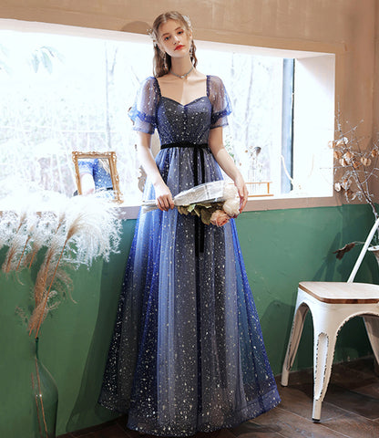 BLUE TULLE LONG A LINE PROM DRESS BLUE EVENING DRESS    cg22704