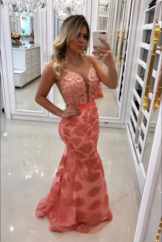 Scoop Lace Mermaid Prom Dresses With Beads And Sash    cg22706