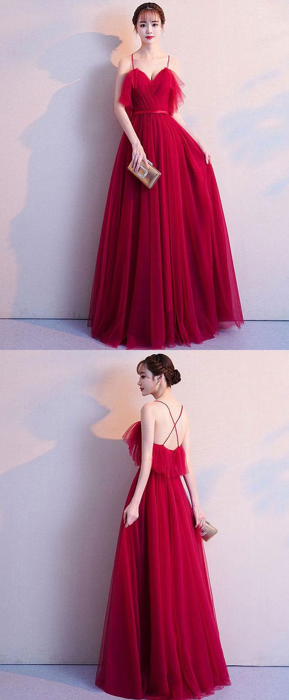 Simple burgundy tulle long prom dress, burgundy evening dress     cg22708