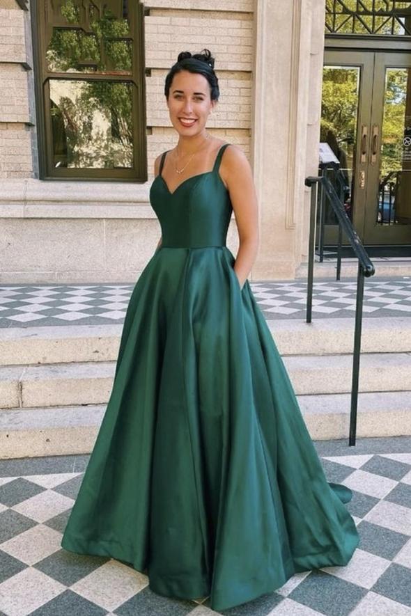 Green satin long A line prom dress evening dress     cg22709