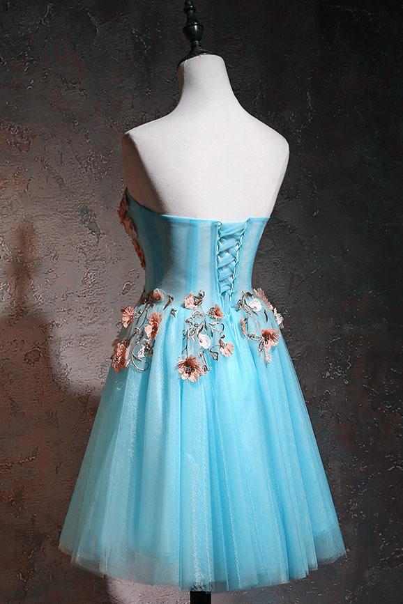 Light Blue Flowers Cute Tulle Knee Length Party Dress, Blue Floral Homecoming Dress    cg22711