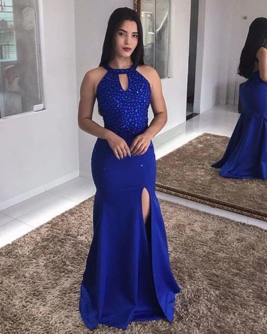 Royal Blue Sheath Side Slit Beaded Backless Halter Prom Dresses      cg22721