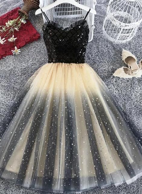 Lovely Gradient Tulle Black Top Short Party Dress, Spaghetti Strap Cute Homecoming Dress     cg22728