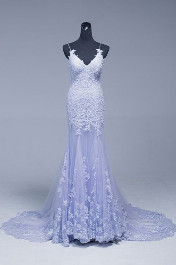 Lavender Lace Appliques Beading Long Mermaid prom dress cg2275