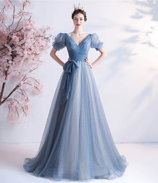 BLUE TULLE LONG A LINE PROM DRESS BLUE EVENING DRESS     cg22753