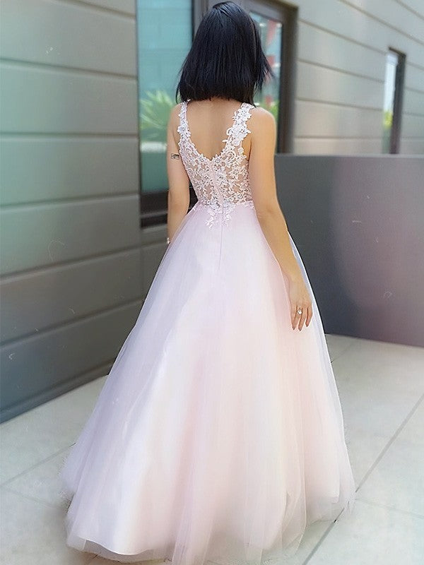 A-Line/Princess V-neck Sleeveless Applique Tulle Floor-Length Dresses prom Dresses    cg22808