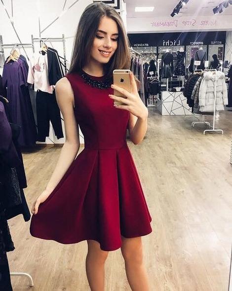 A-Line Round Neck Burgundy Satin Short Homecoming Dresses         cg22814