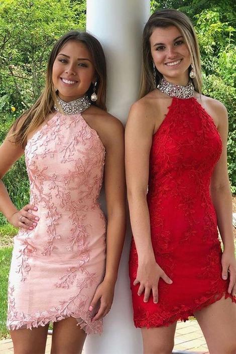 Halter Short Lace Pink / Red Homecoming Dress with Appliques Beading       cg22865