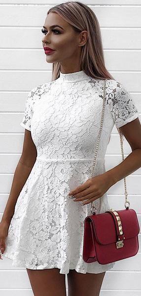 A-Line High Neck Short Sleeves Lace Homecoming Dresses       cg22867