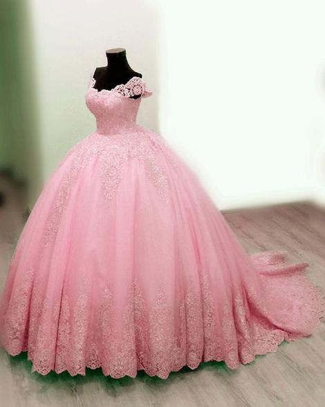 Elegant pink prom dresses off the shoulder ball gown lace appliques        cg22893