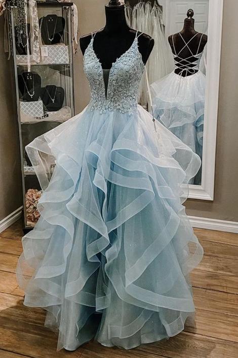 A-line blue lace appliqued long formal dress prom dress       cg22894