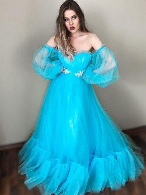 Puffy Sleeve Tulle Prom Dresses Long Evening Gown        cg22897