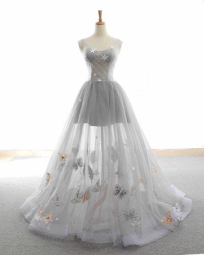 Cute Tulle Lace Prom Dress, Long Evening Gowns,Gray tulle sparkly Long customize Prom dress cg2290