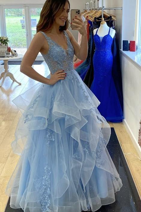 Blue lace long A line prom dress blue evening dress      cg22903