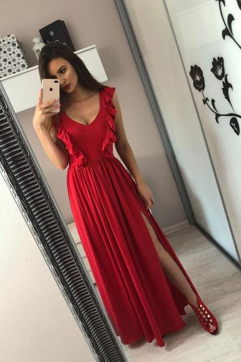 A-Line V-Neck Floor-Length Red Prom Dress with Split Ruffles        cg22917