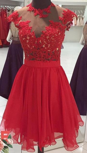 Red Homecoming Dresses With Lace Appliques Beaded High Collar Graduation Party Gowns      cg22924