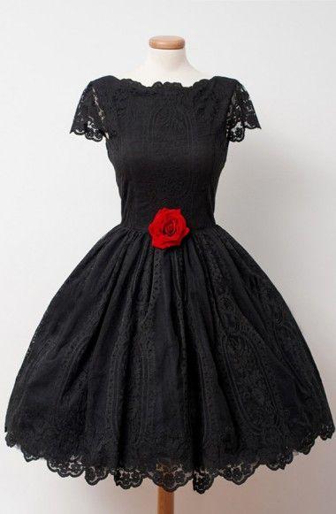 Vintage Black Lace Homecoming Dress Bateau Knee-Length Flower       cg22932