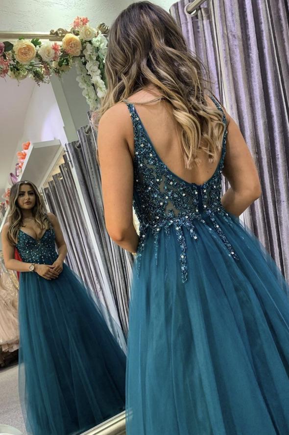 Blue tulle beads long A line prom dress blue evening dress       cg22957