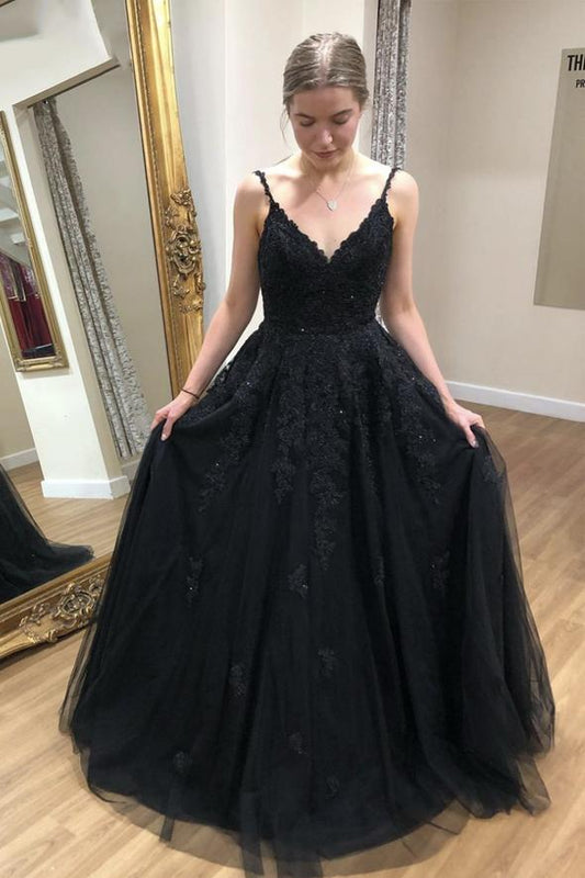 Black v neck lace long A line prom dress evening dress        cg22959