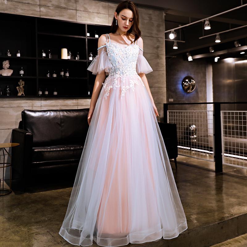 Blue And Pink Off Shoulder Floor Length With Lace Applique Party Dress, Pink Formal Dress Prom Dress       cg22961