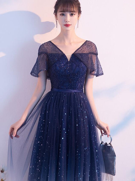 Navy Blue Gradient V-Neckline Shiny Tulle A-Line Prom Dress Party Dress, Blue Tulle Short Bridesmaid Dress       cg22963