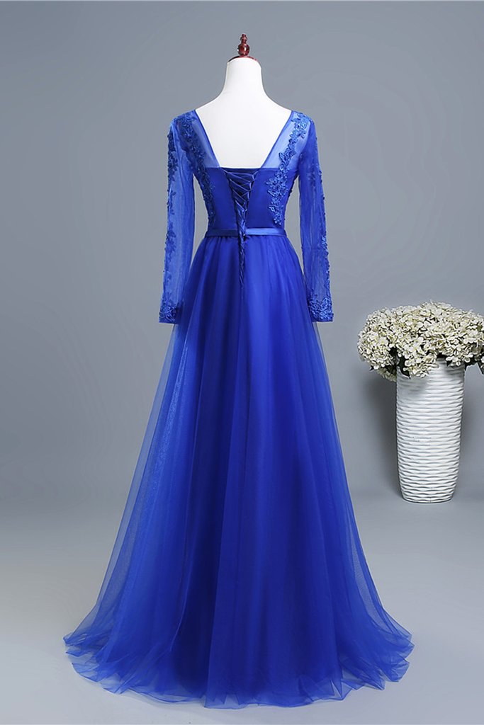 Royal Blue Long Sleeves Tulle With Lace Applique Formal prom Gown       cg22966