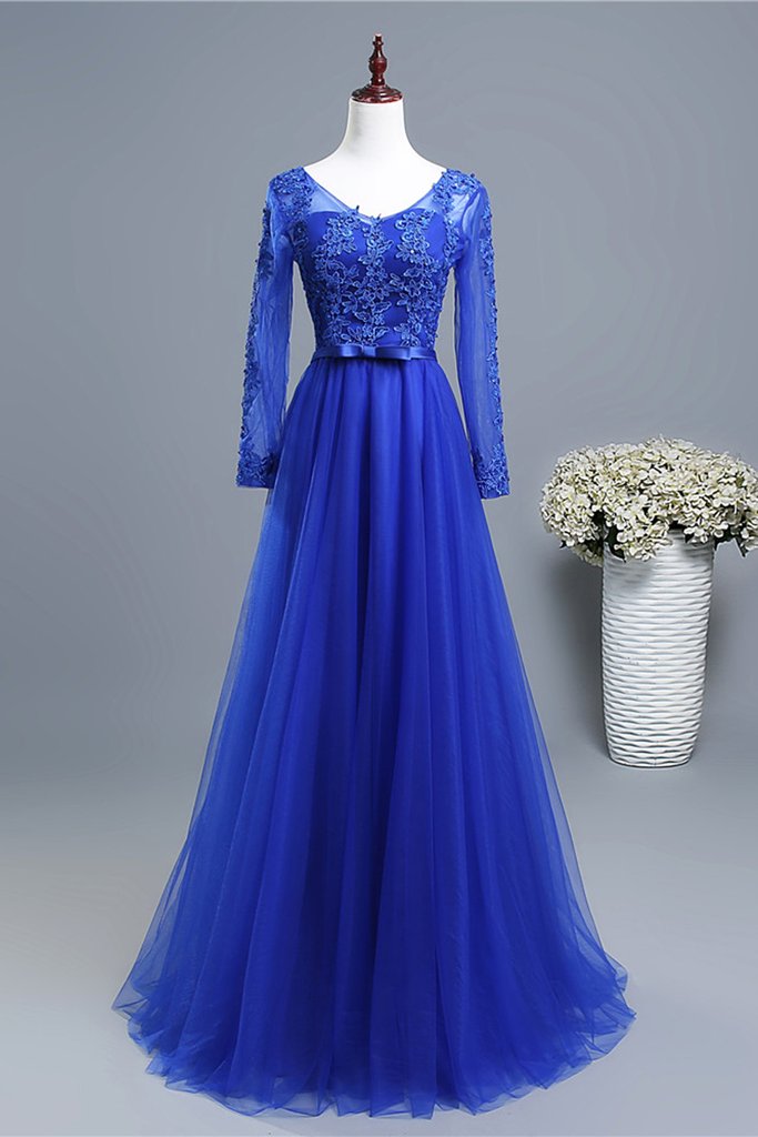 Royal Blue Long Sleeves Tulle With Lace Applique Formal prom Gown       cg22966